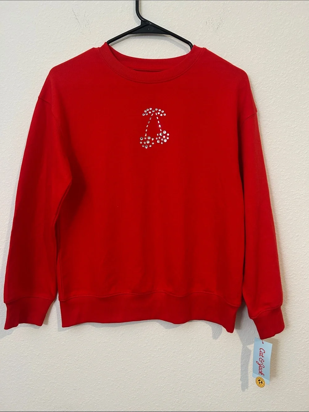 Cat & Jack Red Crewneck Sweatshirt with Cherry Rhinestone Detail